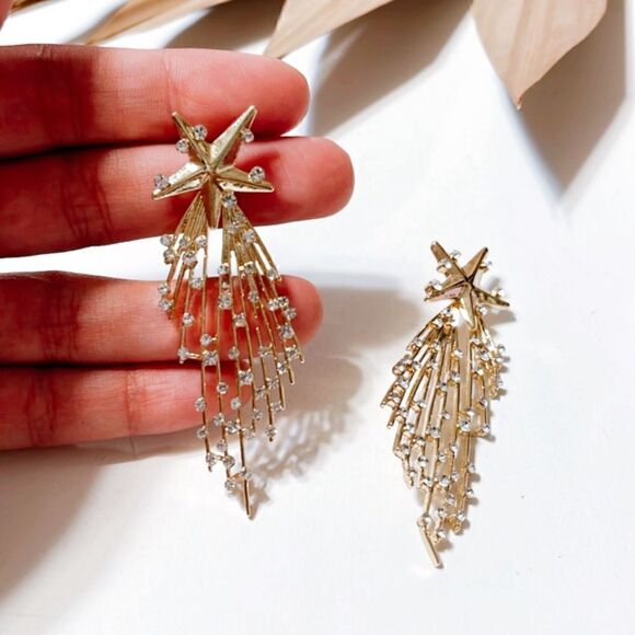 Gold star dangle earrings S529 - Picture 5 of 5